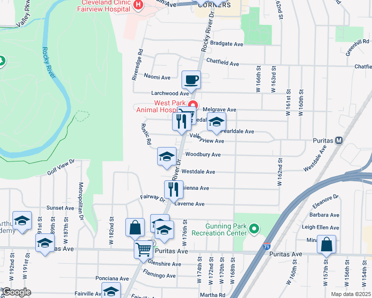 map of restaurants, bars, coffee shops, grocery stores, and more near 17502 Woodbury Avenue in Cleveland