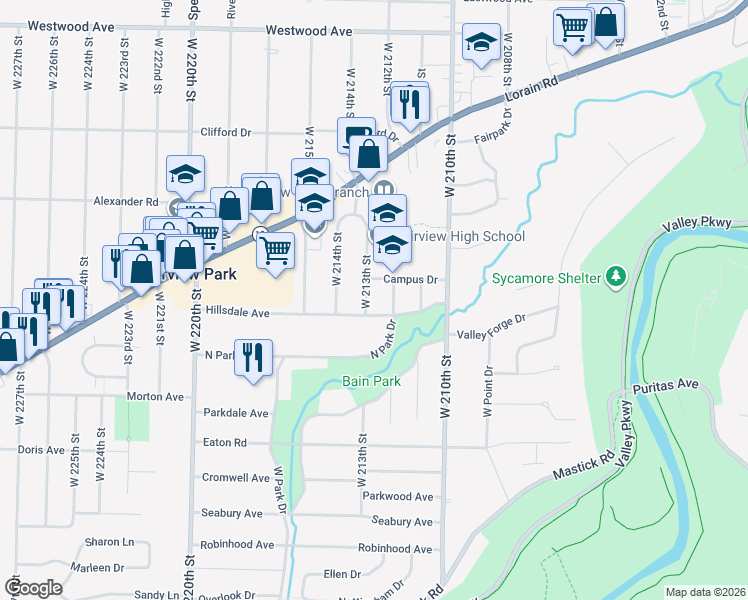 map of restaurants, bars, coffee shops, grocery stores, and more near 4595 West 213th Street in Fairview Park