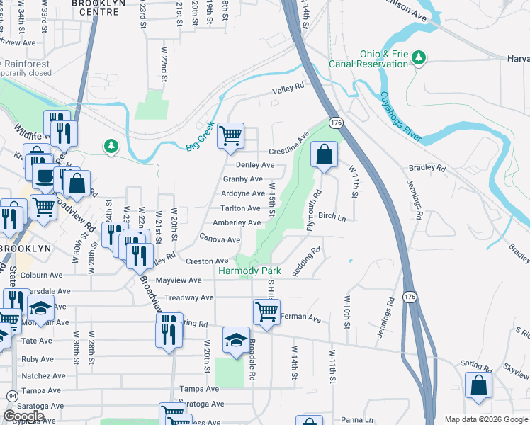 map of restaurants, bars, coffee shops, grocery stores, and more near 1505 Tarlton Avenue in Cleveland