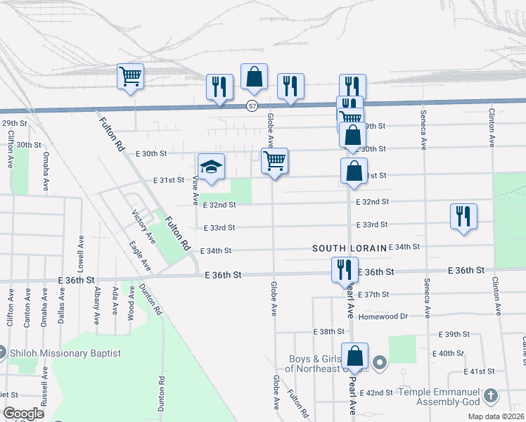 map of restaurants, bars, coffee shops, grocery stores, and more near 1692 East 32nd Street in Lorain