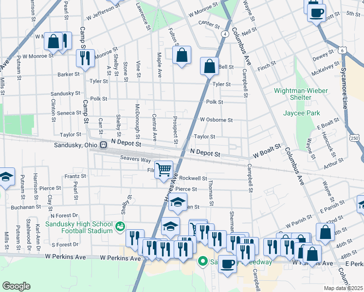 map of restaurants, bars, coffee shops, grocery stores, and more near 1621 Hayes Avenue in Sandusky
