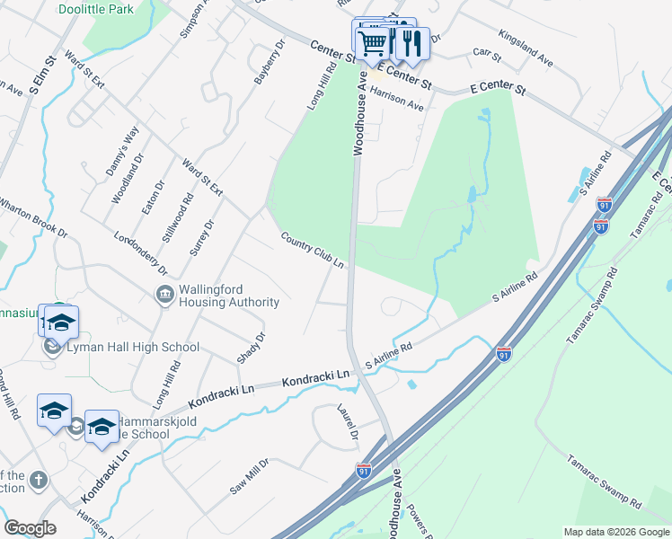 map of restaurants, bars, coffee shops, grocery stores, and more near 127 Country Club Lane in Wallingford