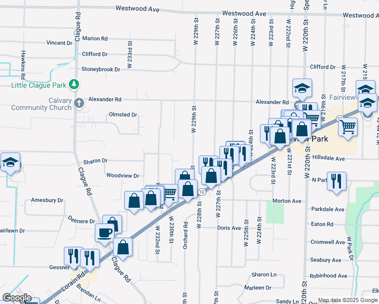 map of restaurants, bars, coffee shops, grocery stores, and more near 4330 West 229th Street in Fairview Park