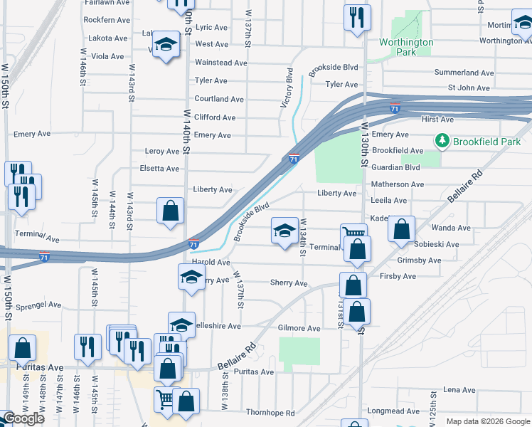 map of restaurants, bars, coffee shops, grocery stores, and more near 13525 Highlandview Avenue in Cleveland