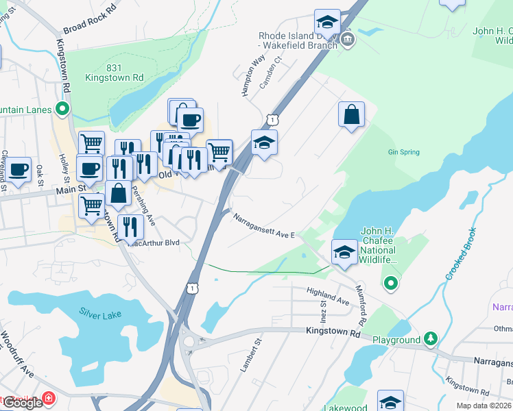 map of restaurants, bars, coffee shops, grocery stores, and more near 29 Peckham Avenue in South Kingstown