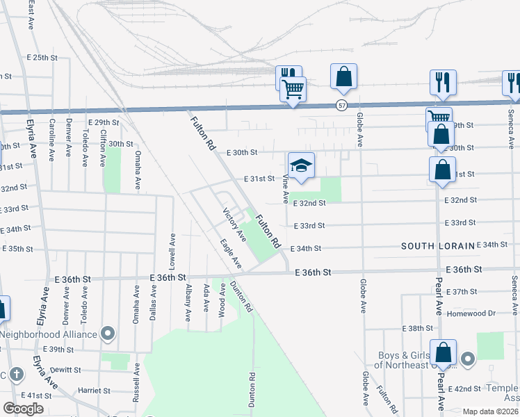 map of restaurants, bars, coffee shops, grocery stores, and more near 1532 East 32nd Street in Lorain