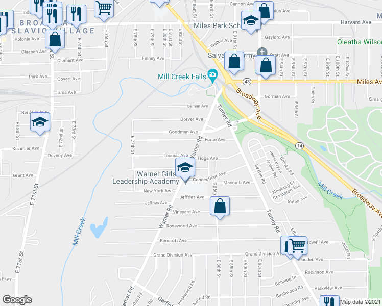 map of restaurants, bars, coffee shops, grocery stores, and more near 4368 Warner Rd in Cleveland