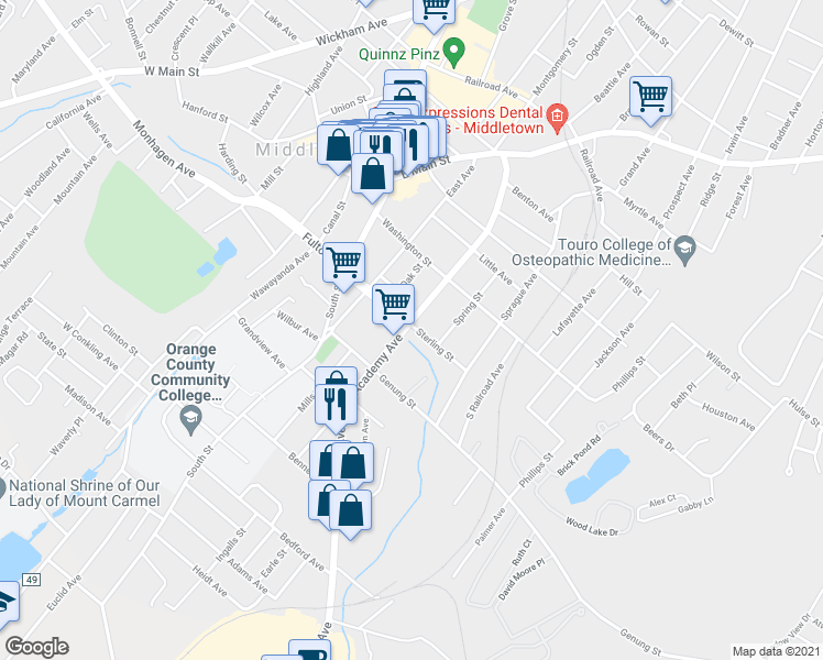 map of restaurants, bars, coffee shops, grocery stores, and more near 84 Academy Avenue in Middletown