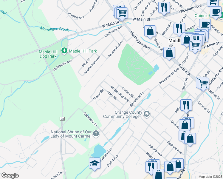 map of restaurants, bars, coffee shops, grocery stores, and more near 37 West Conkling Avenue in Middletown