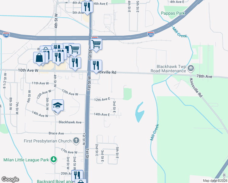 map of restaurants, bars, coffee shops, grocery stores, and more near 1121 3rd Street East in Milan