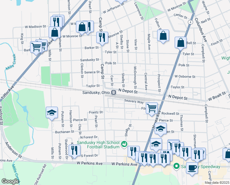 map of restaurants, bars, coffee shops, grocery stores, and more near 1630 North Depot Street in Sandusky