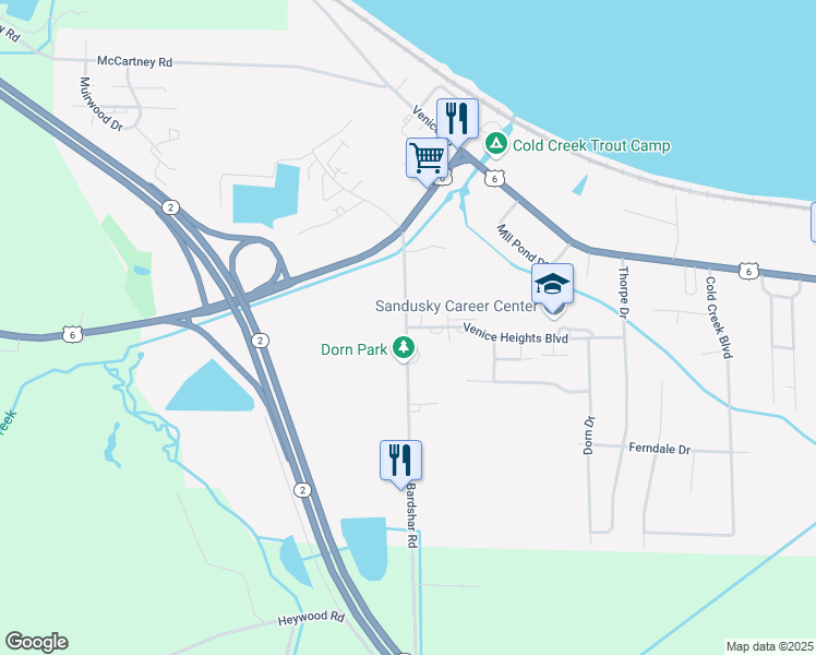 map of restaurants, bars, coffee shops, grocery stores, and more near 4501 Venice Heights Boulevard in Sandusky