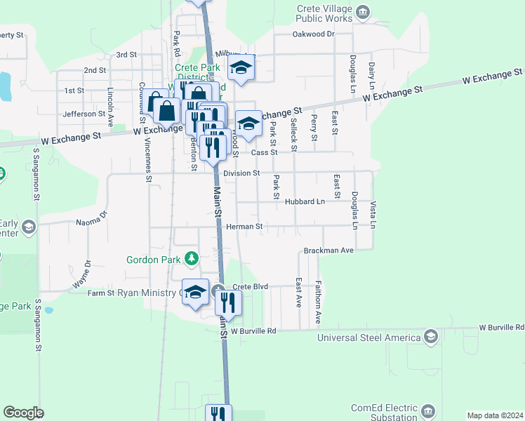 map of restaurants, bars, coffee shops, grocery stores, and more near 1463 Elizabeth Street in Crete