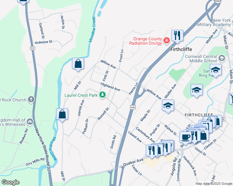 map of restaurants, bars, coffee shops, grocery stores, and more near 5 Russell Street in Cornwall