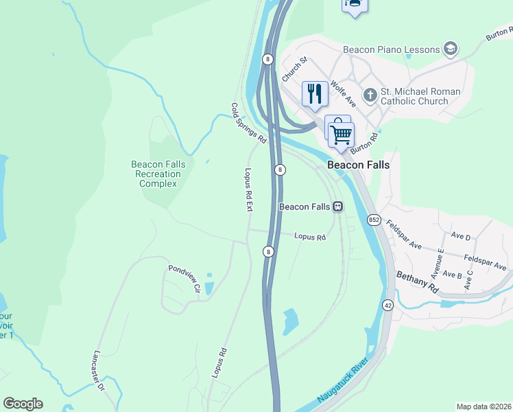 map of restaurants, bars, coffee shops, grocery stores, and more near 28 Lopus Road Extension in Beacon Falls