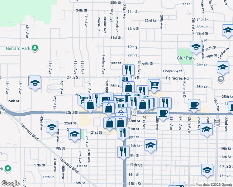 map of restaurants, bars, coffee shops, grocery stores, and more near 3399 25th Street in Columbus