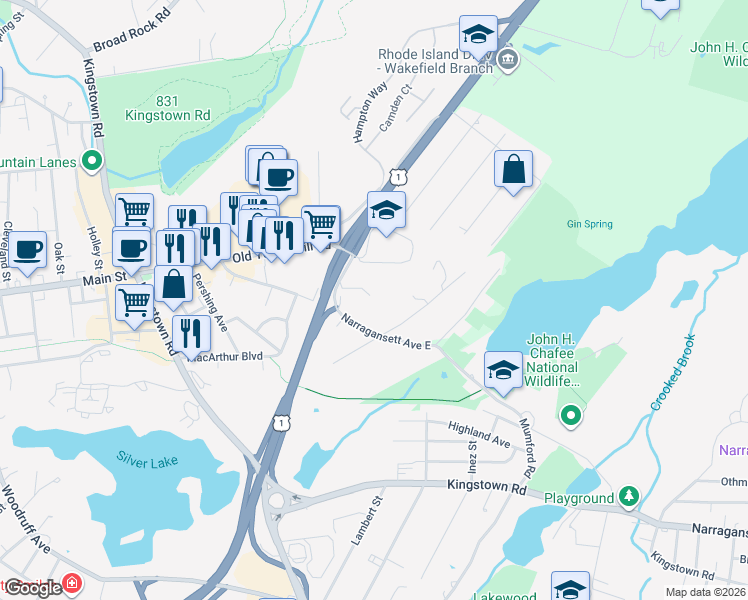 map of restaurants, bars, coffee shops, grocery stores, and more near 29 Peckham Avenue in South Kingstown