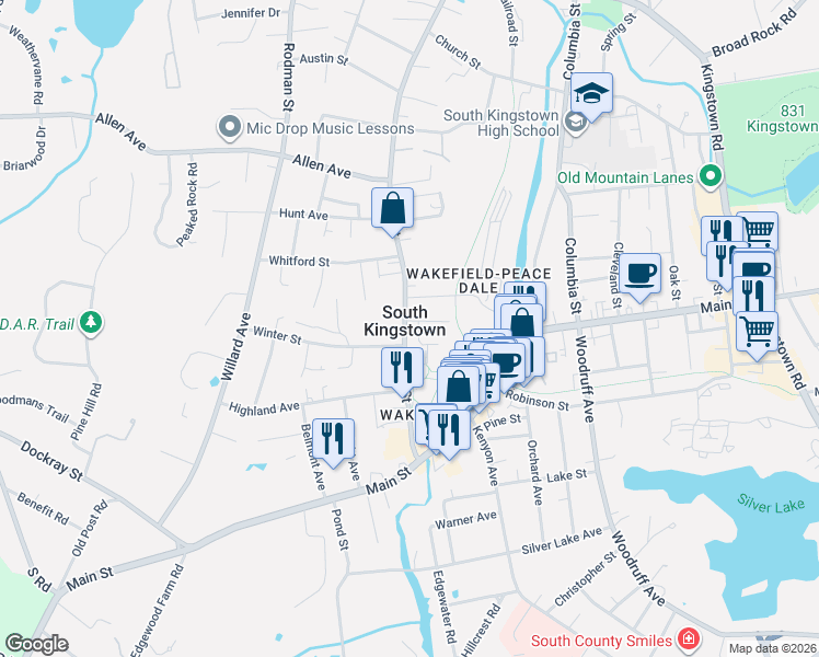 map of restaurants, bars, coffee shops, grocery stores, and more near 131 High Street in South Kingstown