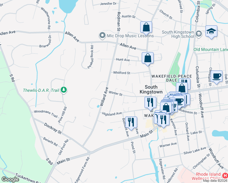 map of restaurants, bars, coffee shops, grocery stores, and more near 154 Winter Street in South Kingstown