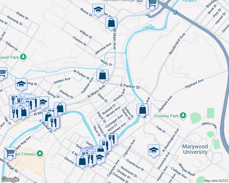 map of restaurants, bars, coffee shops, grocery stores, and more near 2430 Heerman Avenue in Scranton