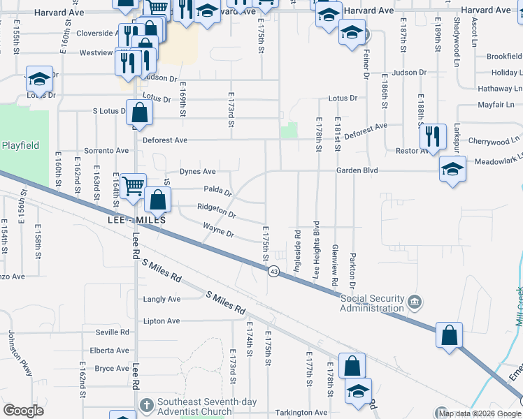 map of restaurants, bars, coffee shops, grocery stores, and more near 4351 East 175th Street in Cleveland