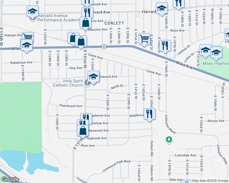 map of restaurants, bars, coffee shops, grocery stores, and more near 13714 Cranwood Drive in Garfield Heights