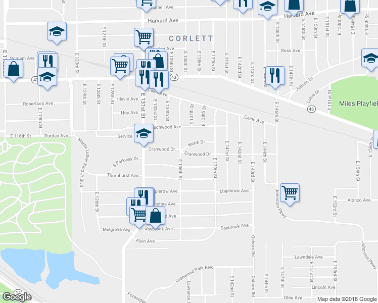 map of restaurants, bars, coffee shops, grocery stores, and more near 13714 Cranwood Drive in Garfield Heights