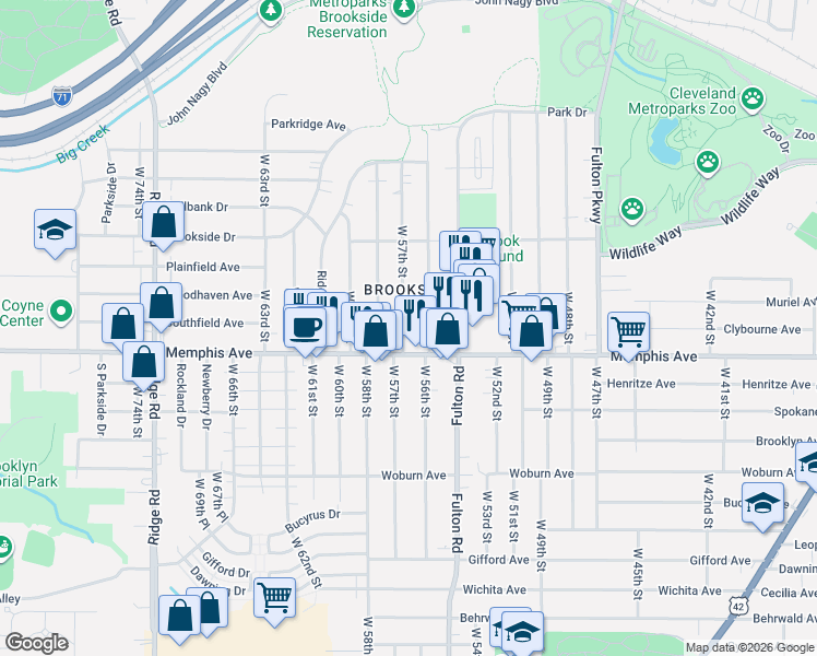 map of restaurants, bars, coffee shops, grocery stores, and more near 4268 West 57th Street in Cleveland