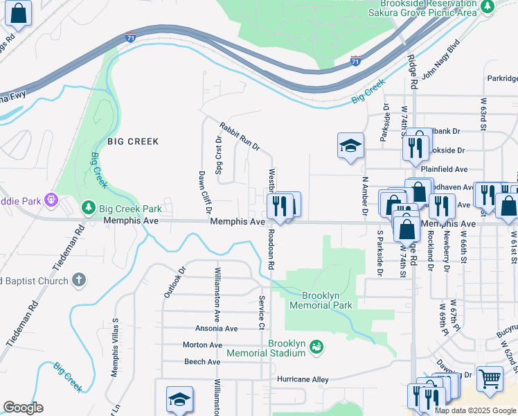 map of restaurants, bars, coffee shops, grocery stores, and more near 4200 Westbrook Drive in Brooklyn