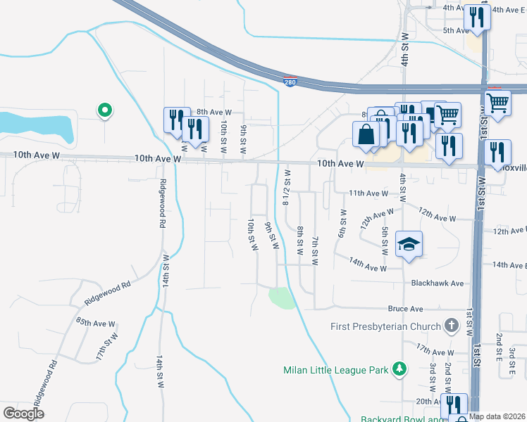 map of restaurants, bars, coffee shops, grocery stores, and more near 8001 9th Street West in Rock Island