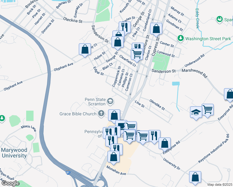 map of restaurants, bars, coffee shops, grocery stores, and more near 120 Ridgeview Drive in Dunmore