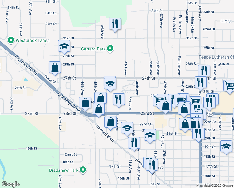 map of restaurants, bars, coffee shops, grocery stores, and more near 2552 43rd Avenue in Columbus