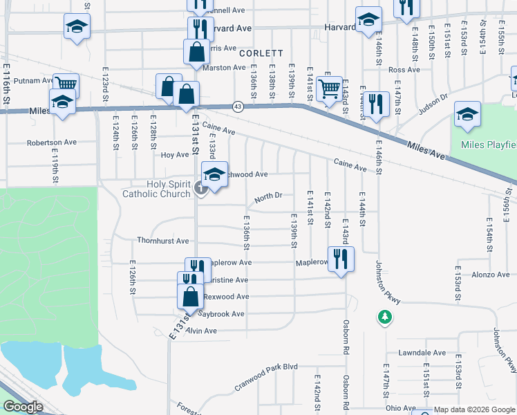 map of restaurants, bars, coffee shops, grocery stores, and more near 13621 Cranwood Drive in Garfield Heights