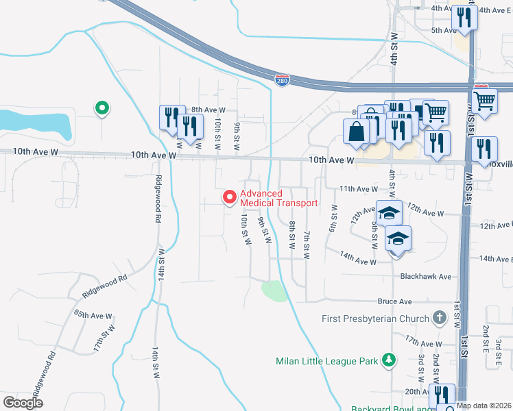 map of restaurants, bars, coffee shops, grocery stores, and more near 8001 9th Street West in Rock Island