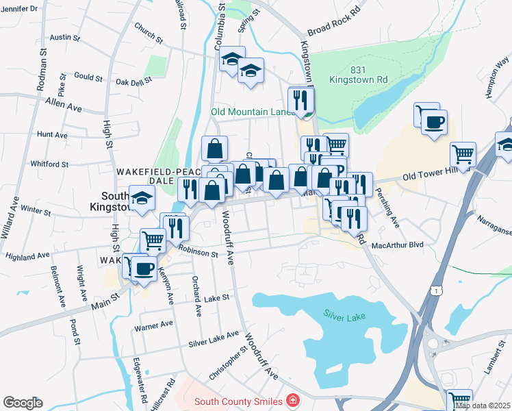 map of restaurants, bars, coffee shops, grocery stores, and more near 66 Prospect Avenue in South Kingstown