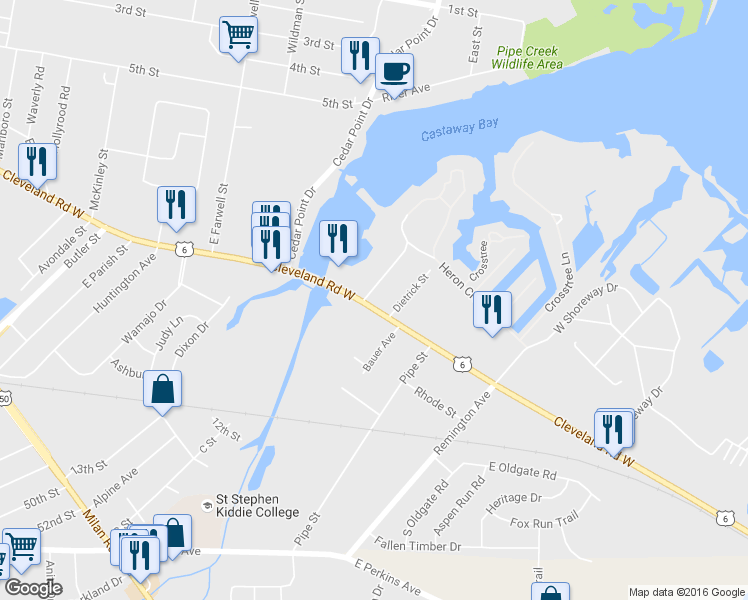 map of restaurants, bars, coffee shops, grocery stores, and more near 2027 Cleveland Road West in Sandusky