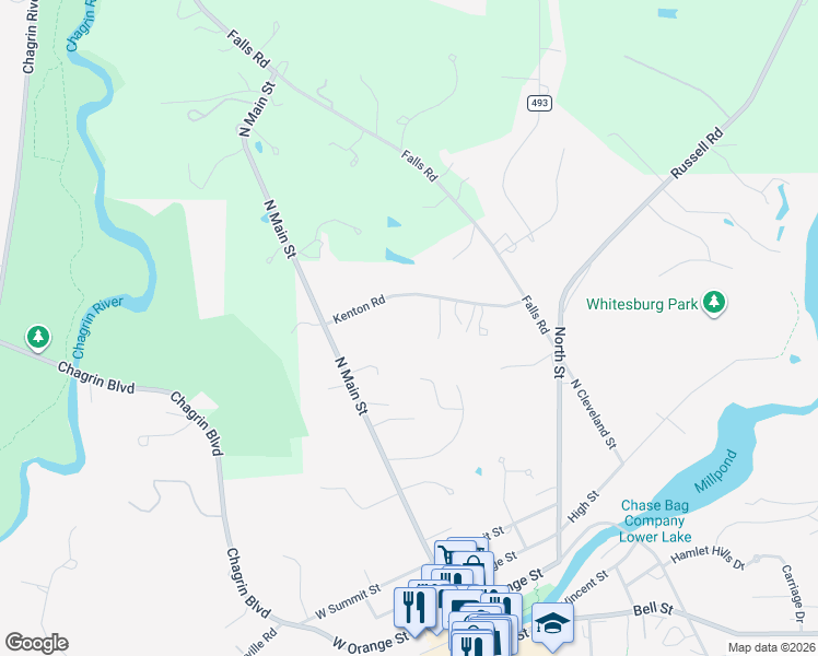 map of restaurants, bars, coffee shops, grocery stores, and more near 118 North Main Street in Chagrin Falls