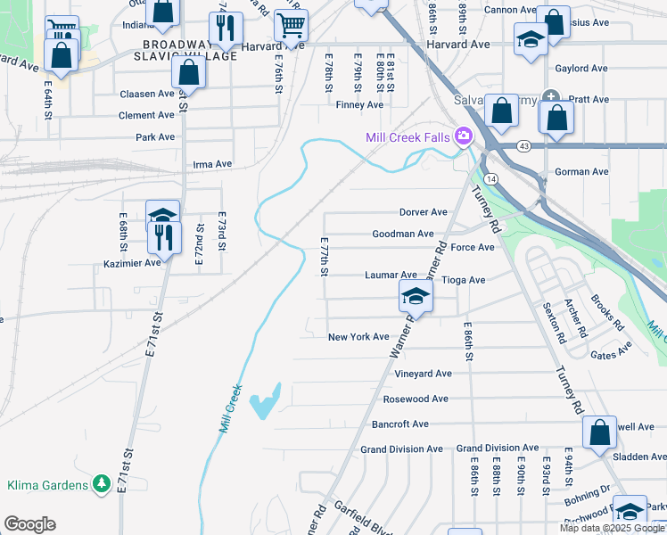 map of restaurants, bars, coffee shops, grocery stores, and more near 7711 Laumar Avenue in Cleveland