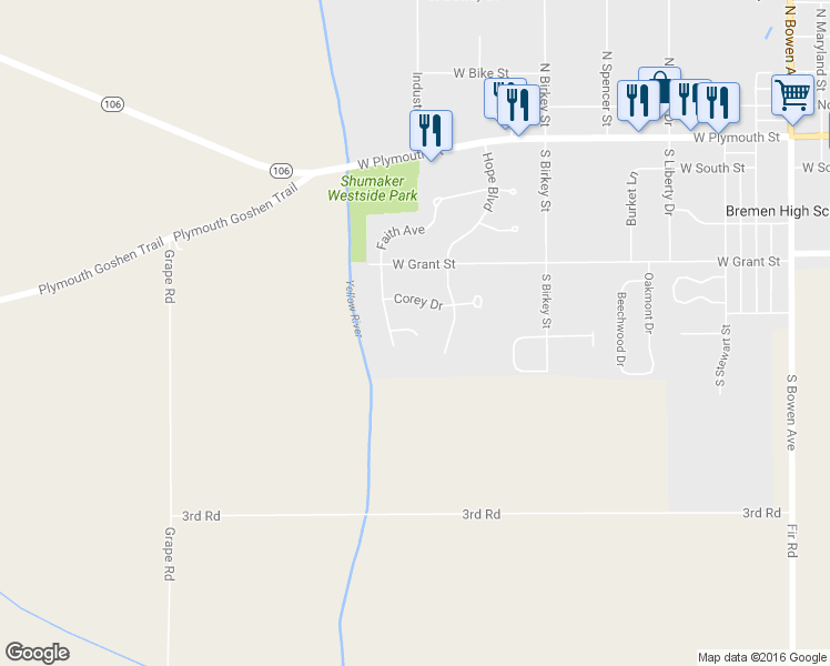 map of restaurants, bars, coffee shops, grocery stores, and more near 132 Joey Court in Bremen