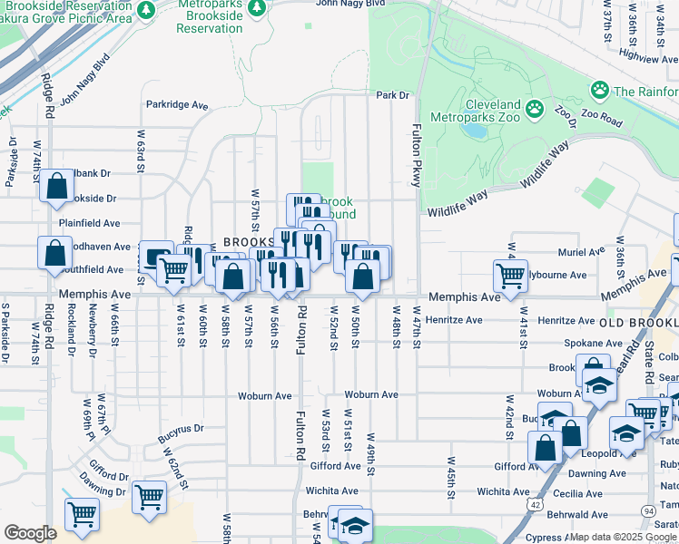 map of restaurants, bars, coffee shops, grocery stores, and more near 4260 West 50th Street in Cleveland
