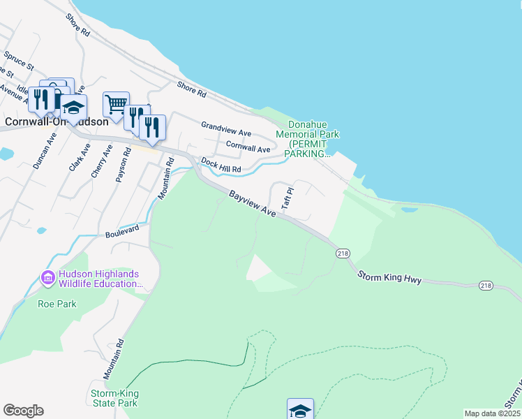 map of restaurants, bars, coffee shops, grocery stores, and more near 114 Bayview Avenue in Cornwall-on-Hudson