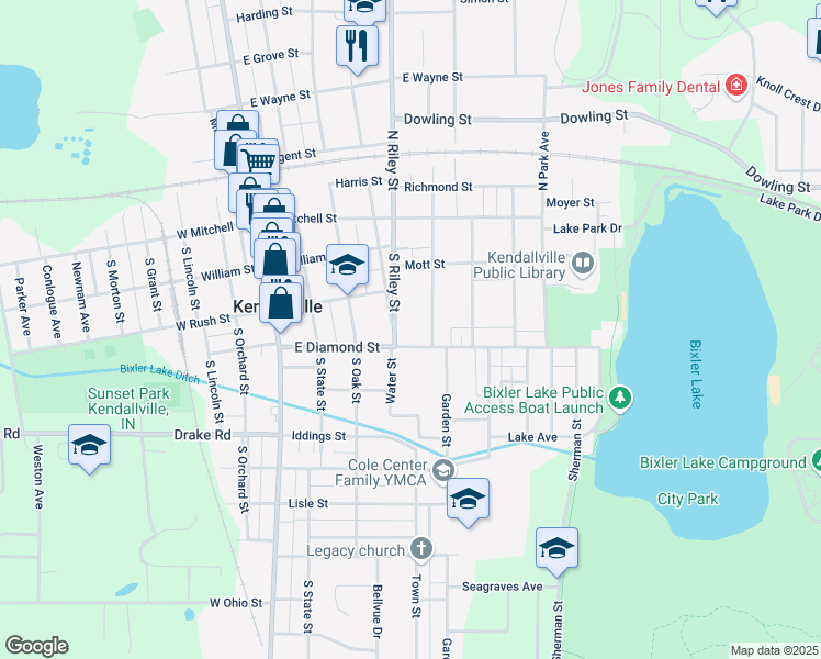 map of restaurants, bars, coffee shops, grocery stores, and more near 401 East Diamond Street in Kendallville