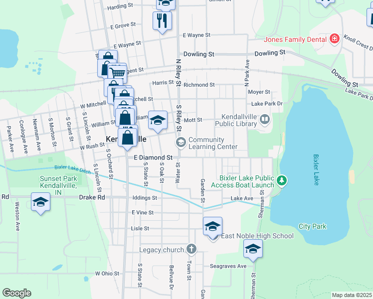 map of restaurants, bars, coffee shops, grocery stores, and more near 401 East Diamond Street in Kendallville