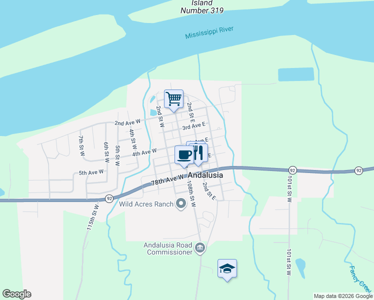 map of restaurants, bars, coffee shops, grocery stores, and more near 414 2nd Street East in Andalusia