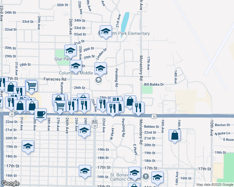 map of restaurants, bars, coffee shops, grocery stores, and more near 2555 Pershing Road in Columbus