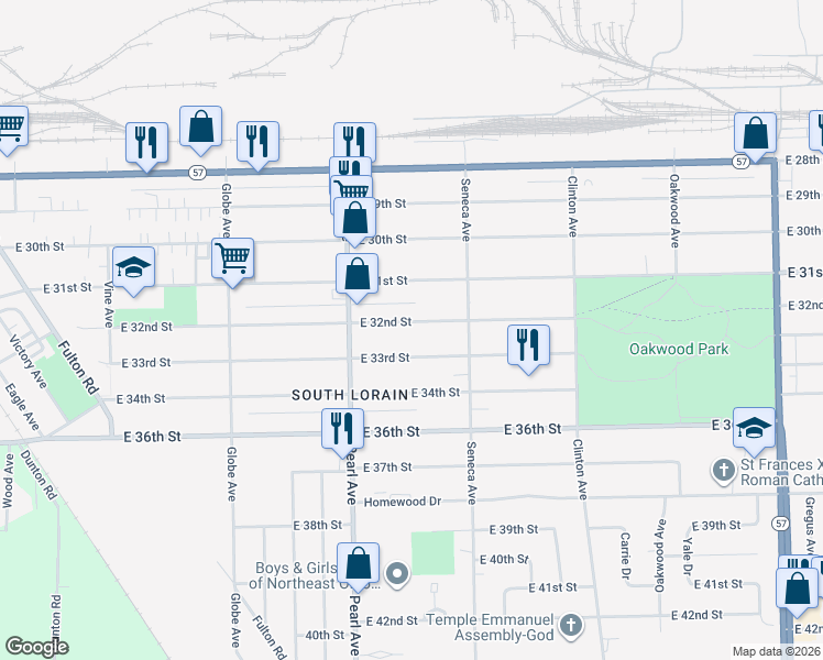 map of restaurants, bars, coffee shops, grocery stores, and more near 1854 East 32nd Street in Lorain