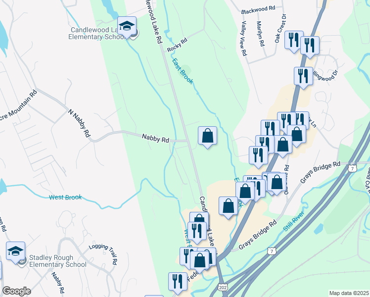 map of restaurants, bars, coffee shops, grocery stores, and more near 68 Candlewood Lake Road in Brookfield