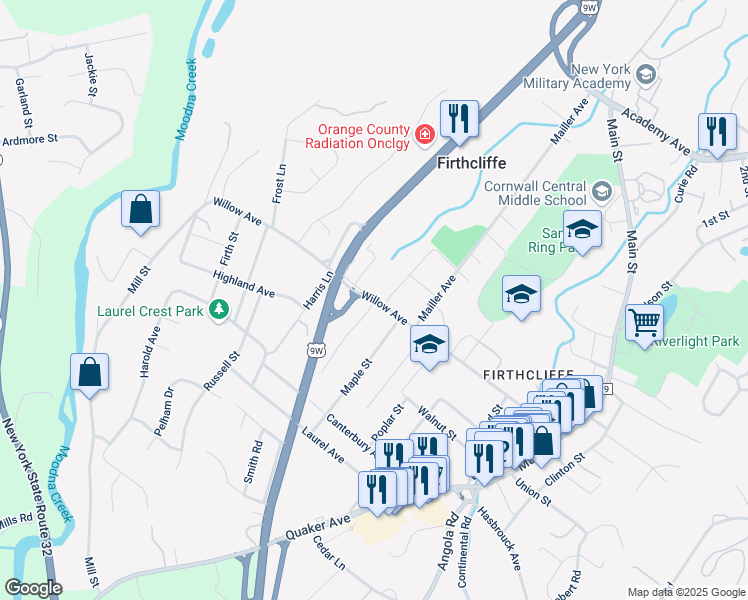 map of restaurants, bars, coffee shops, grocery stores, and more near 113 Willow Avenue in Cornwall