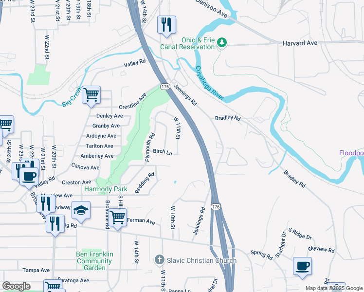 map of restaurants, bars, coffee shops, grocery stores, and more near 1088 Birch Lane in Cleveland