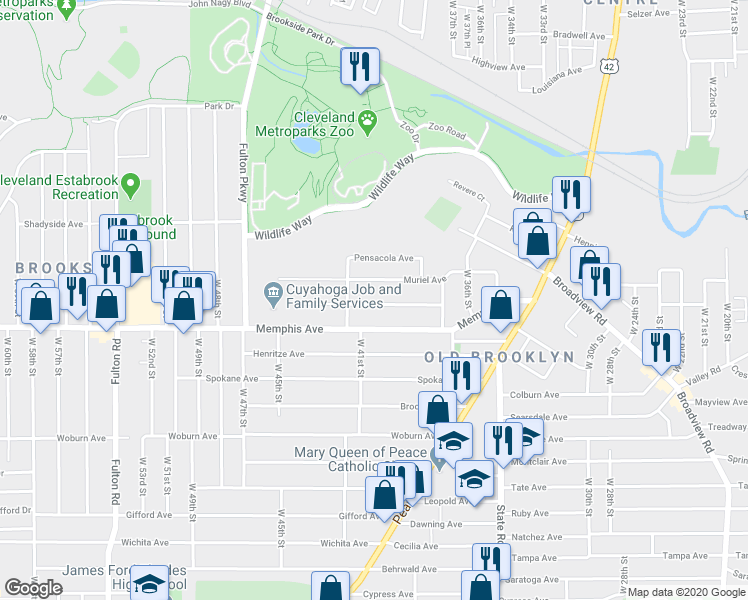 map of restaurants, bars, coffee shops, grocery stores, and more near 4103 Clybourne Avenue in Cleveland